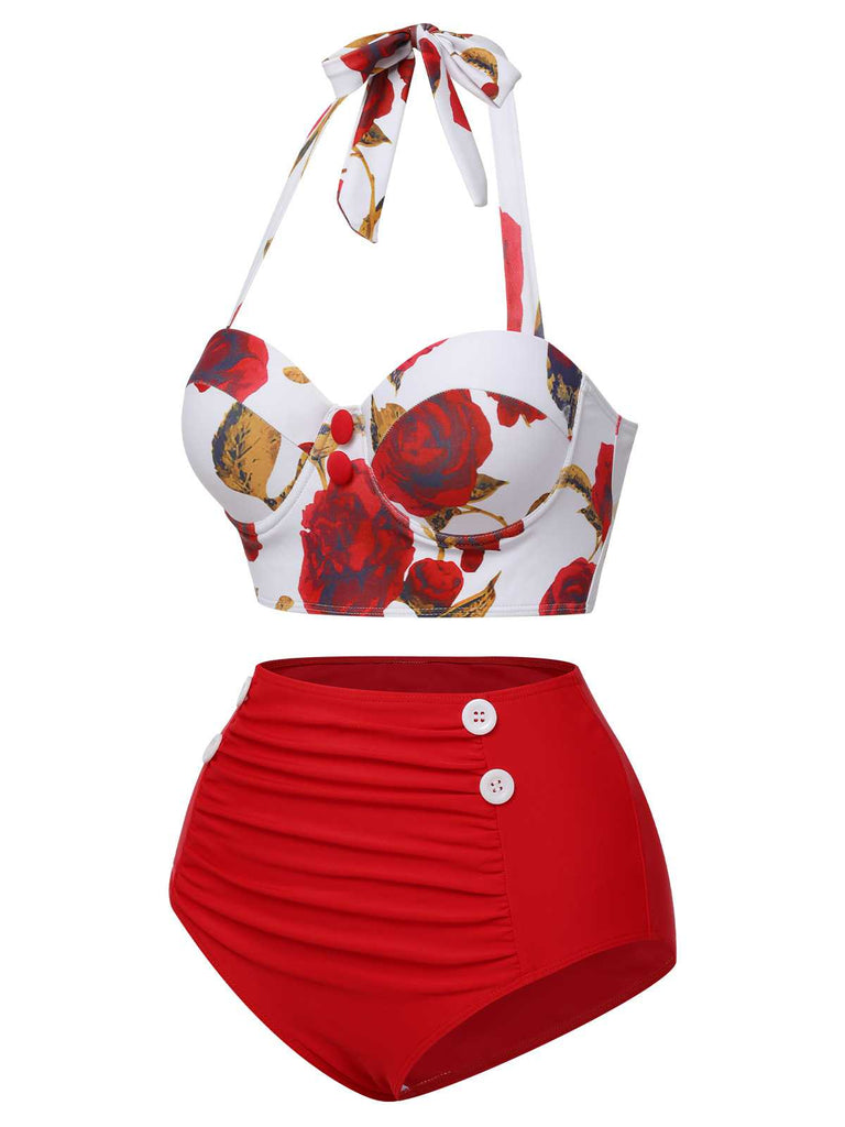 [Pre-Sale] Red 1940s Halter Roses Swimsuit