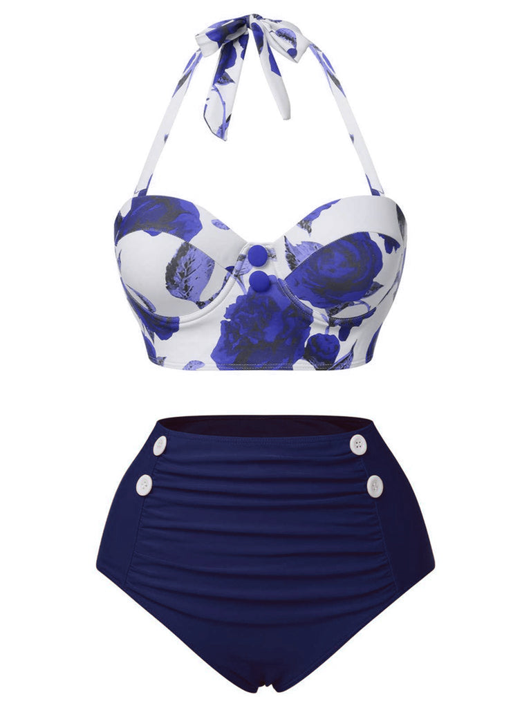 [Pre-Sale] 2PCS Blue 1960s Roses Halter Swimsuit & Skirt Cover-Up