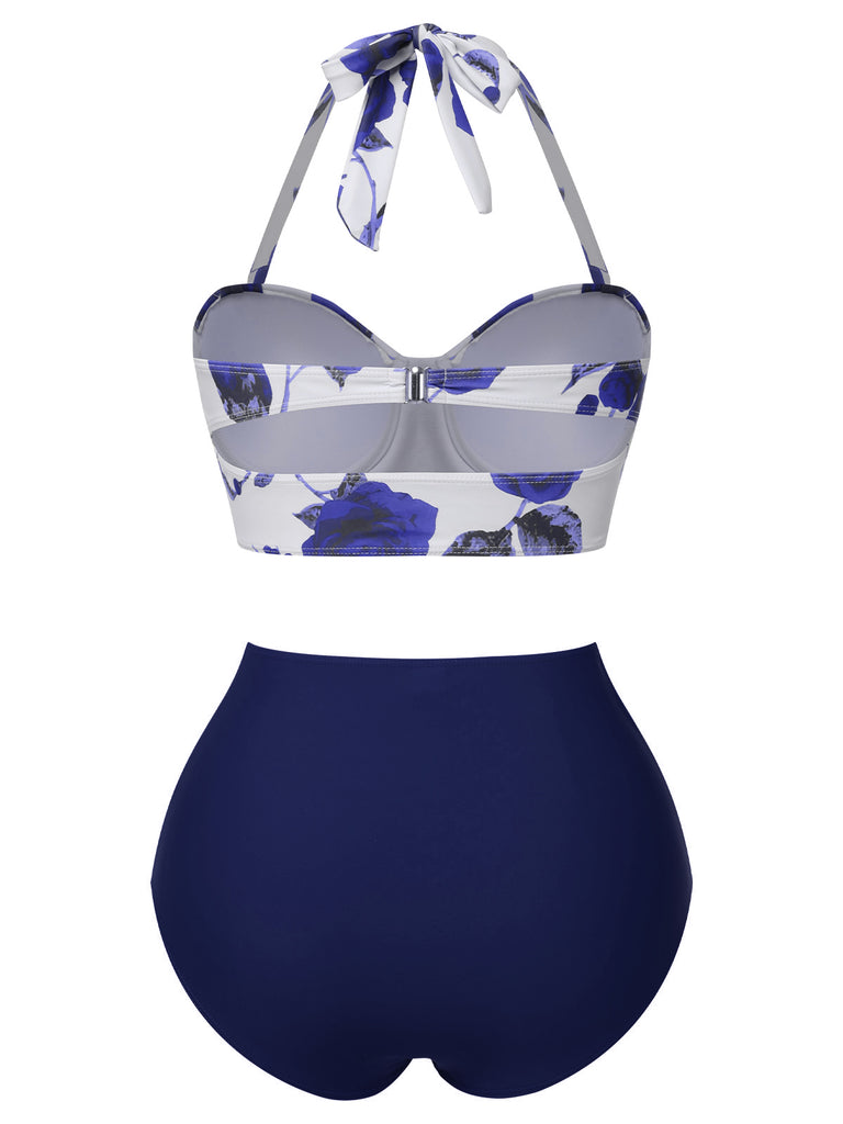 [Pre-Sale] 2PCS Blue 1960s Roses Halter Swimsuit & Skirt Cover-Up