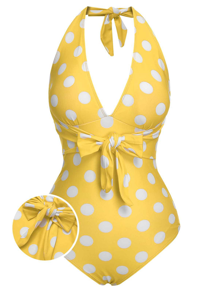 1930s Halter Lace-Up Polka Dots One-Piece Swimsuit