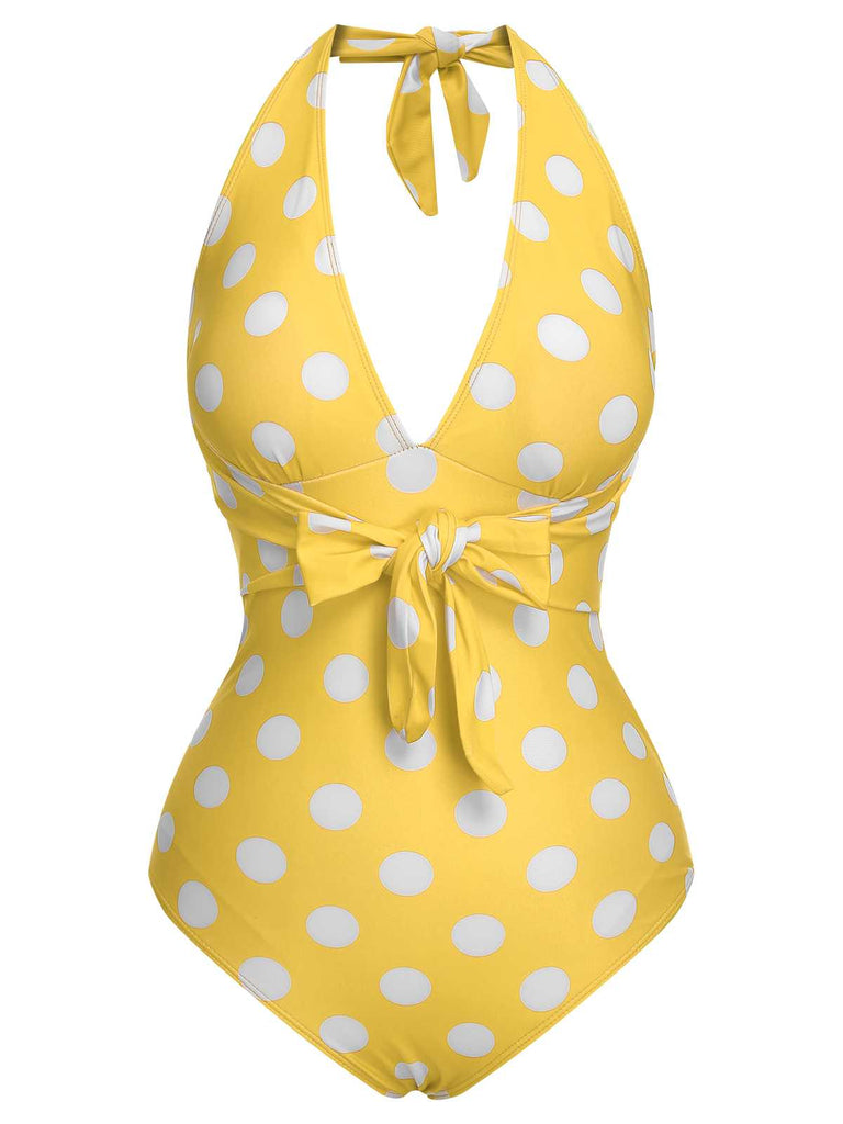 1930s Halter Lace-Up Polka Dots One-Piece Swimsuit