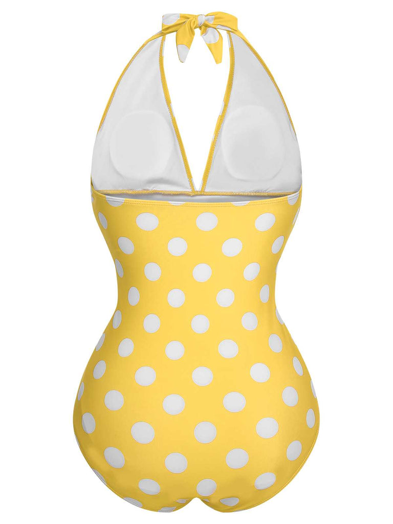 1930s Halter Lace-Up Polka Dots One-Piece Swimsuit