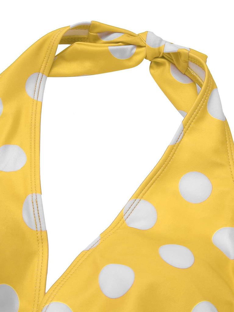 1930s Halter Lace-Up Polka Dots One-Piece Swimsuit