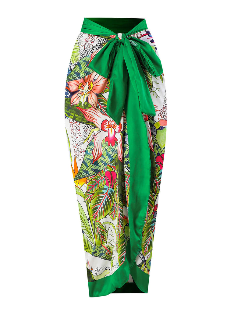 Green 1960s Floral Bird Swimsuit & Cover-Up