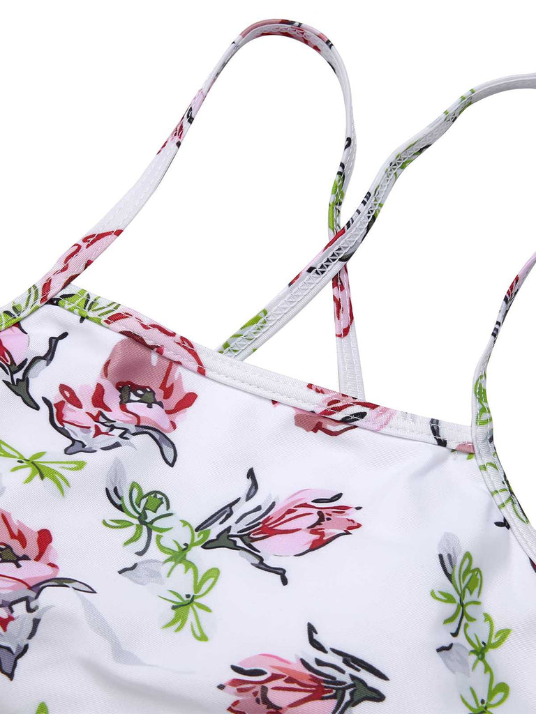 1940s Strap Contrast Floral Lace-Up Swimsuit