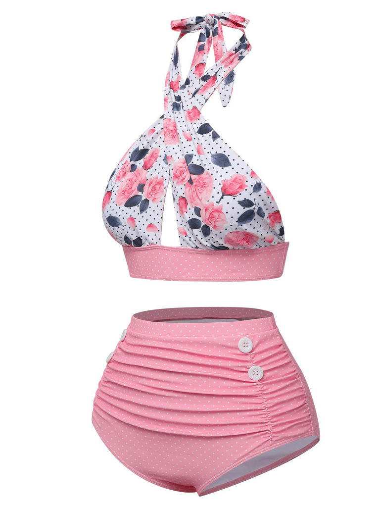 [Pre-Sale] Pink 1940s Floral Cross Halter Swimsuit