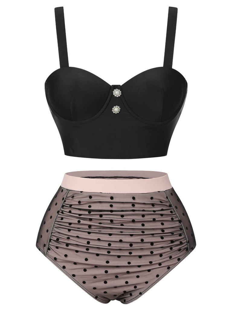 Black 1960s Polka Dots Mesh Swimsuit