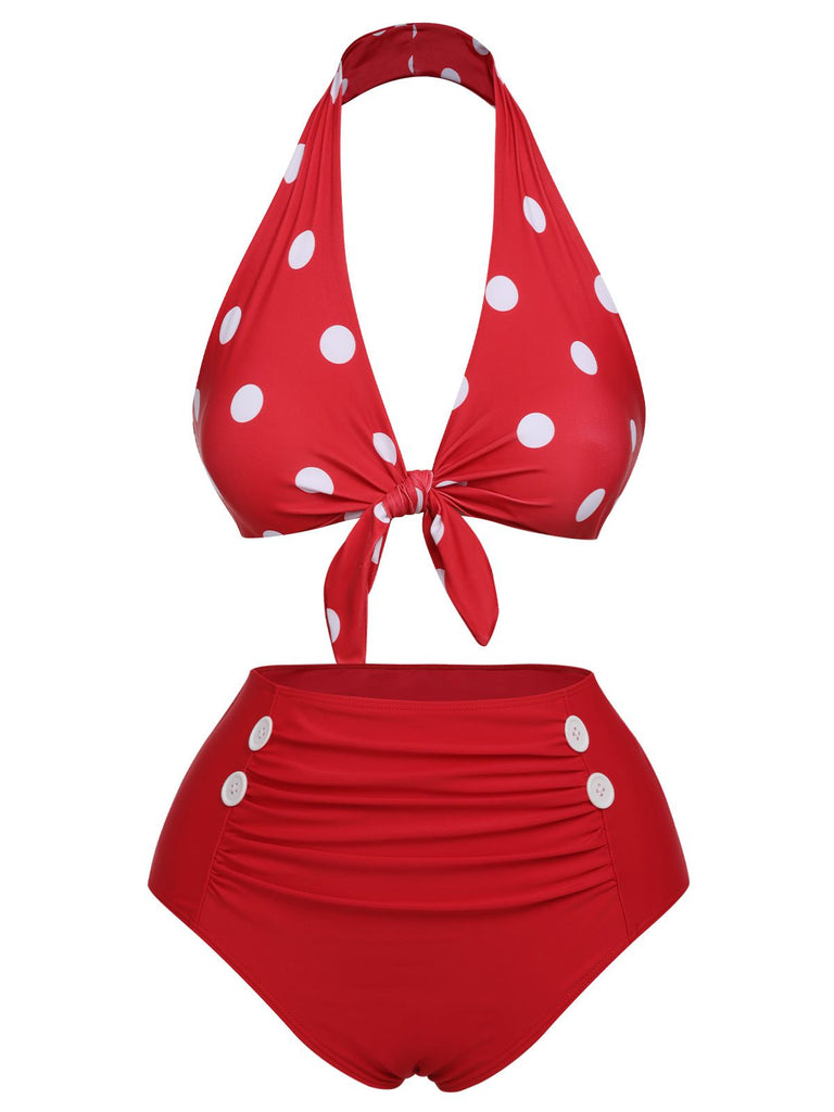 Red 1950s Polka Dot Tie Halter Swimsuit