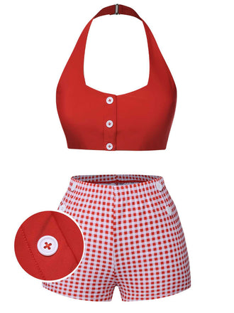 [US Warehouse] Red 1950s Halter Plaids Swimsuit