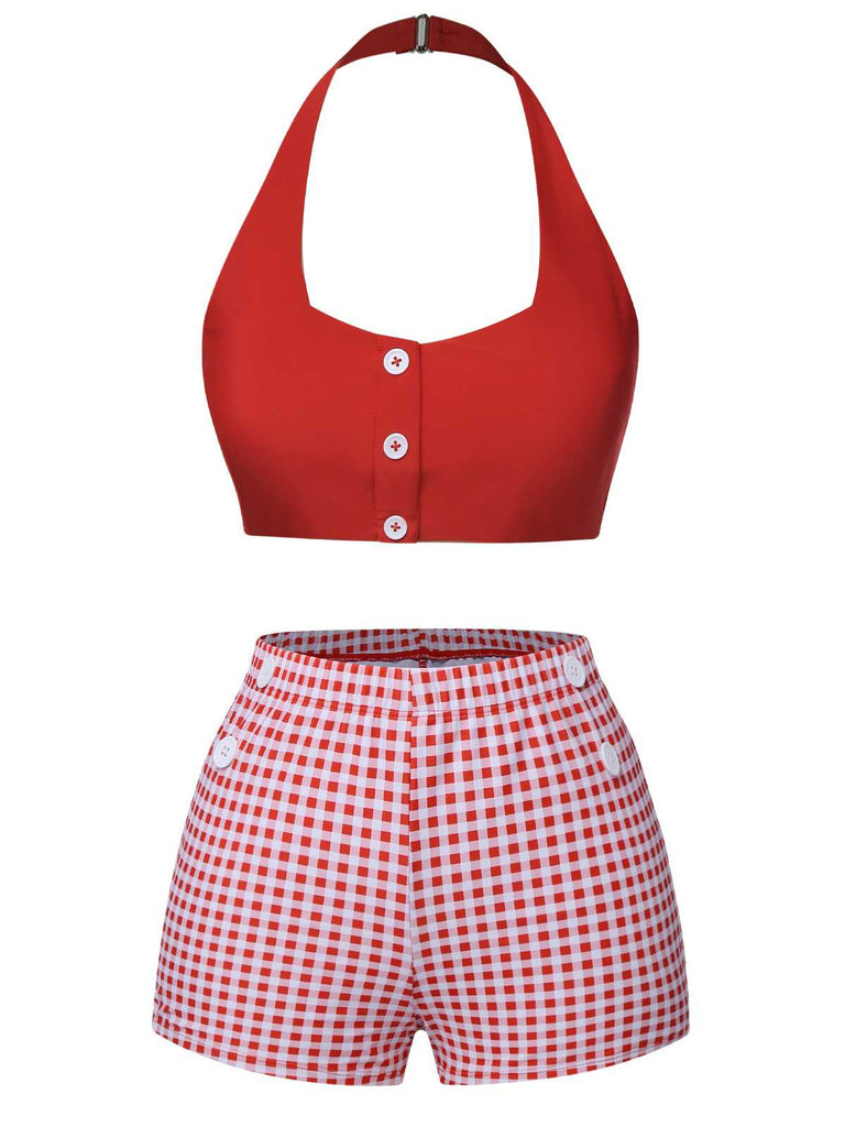 [Pre-Sale] Red 1950s Halter Plaids Swimsuit