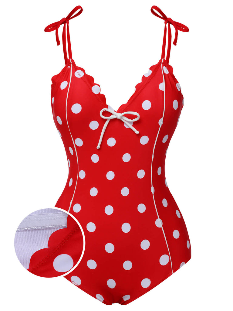 [Pre-Sale] Red 1950s Polka Dot Shoulder Tie Swimsuit