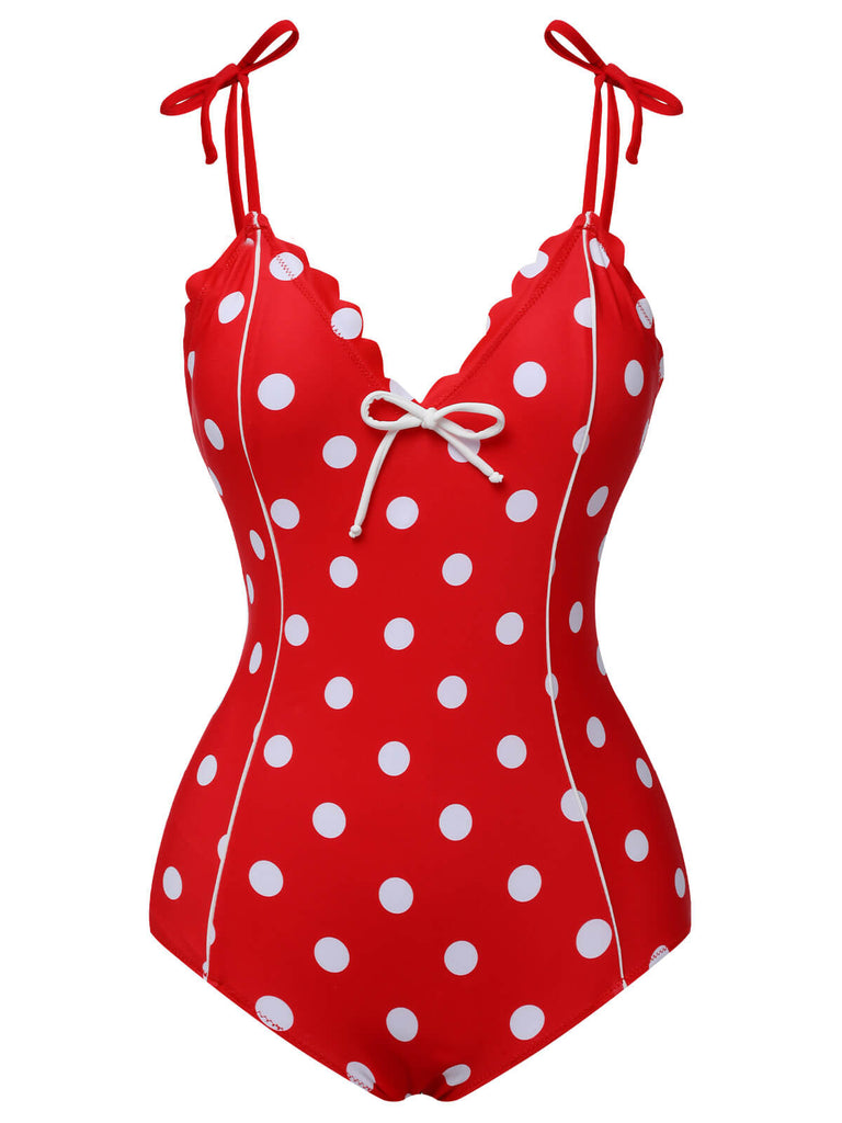 Red 1950s Polka Dot Shoulder Tie Swimsuit