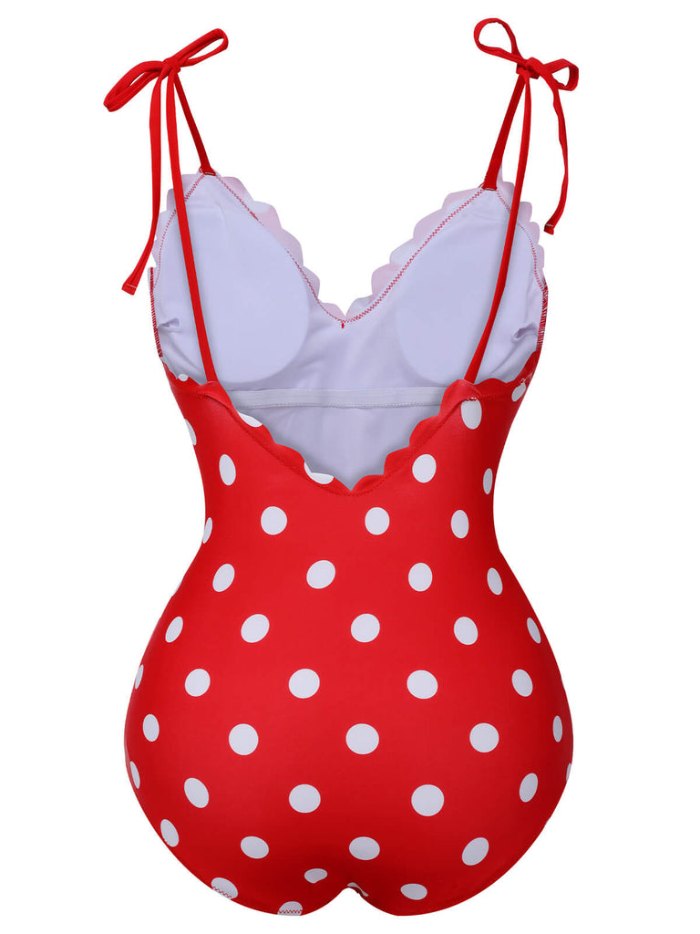 Red 1950s Polka Dot Shoulder Tie Swimsuit