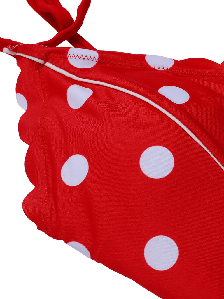 Red 1950s Polka Dot Shoulder Tie Swimsuit