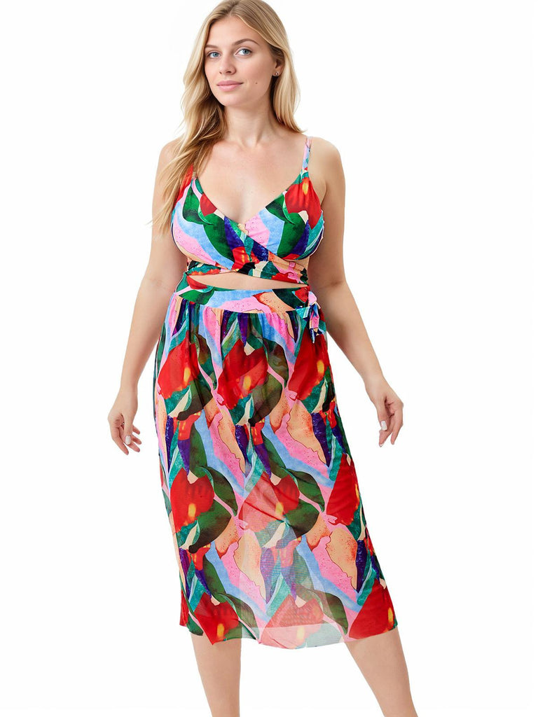 [Plus Size] 1930s Tropical Print Wrap Swimsuit & Cover Up