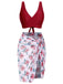 [Plus Size] Wine Red 1930s Floral Bikini Set & Cover-Up