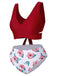 [Plus Size] Wine Red 1930s Floral Bikini Set & Cover-Up
