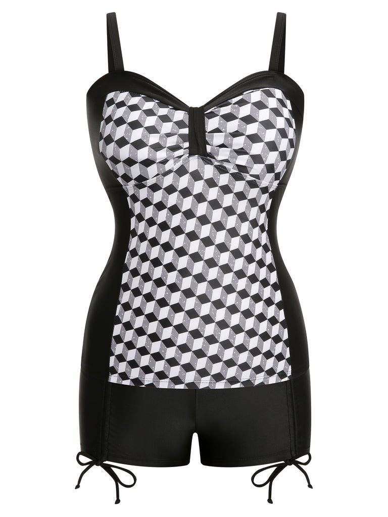[Plus Size] Black & White 1960s Geometric Lace-Up Swimsuit