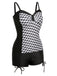 [Plus Size] Black & White 1960s Geometric Lace-Up Swimsuit