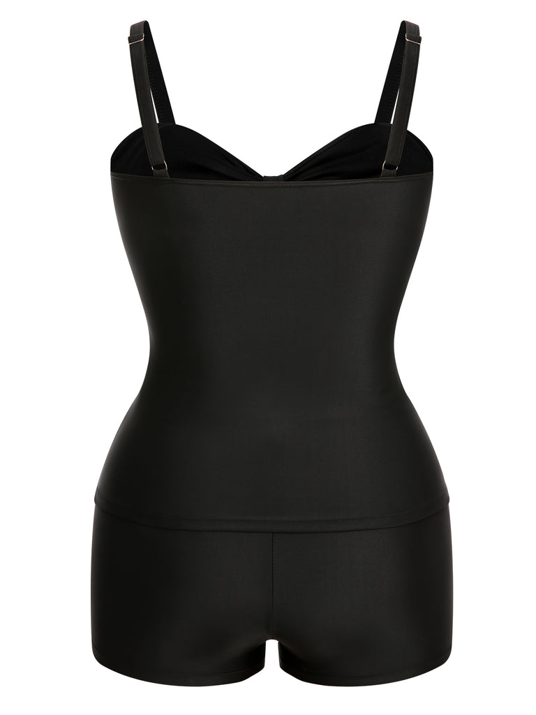 [Plus Size] Black & White 1960s Geometric Lace-Up Swimsuit
