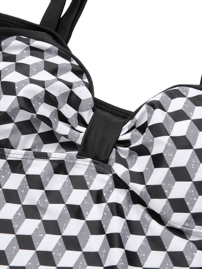 [Plus Size] Black & White 1960s Geometric Lace-Up Swimsuit