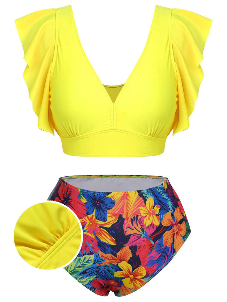 [Plus Size] Yellow 1940s Ruffles Floral Swimsuit