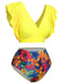 [Plus Size] Yellow 1940s Ruffles Floral Swimsuit