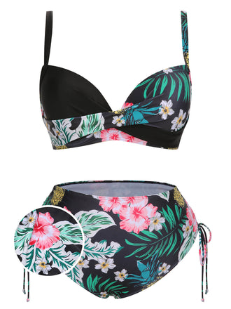 [Plus Size] 1940S Tropical Plant Patchwork Lace-Up Swimsuit