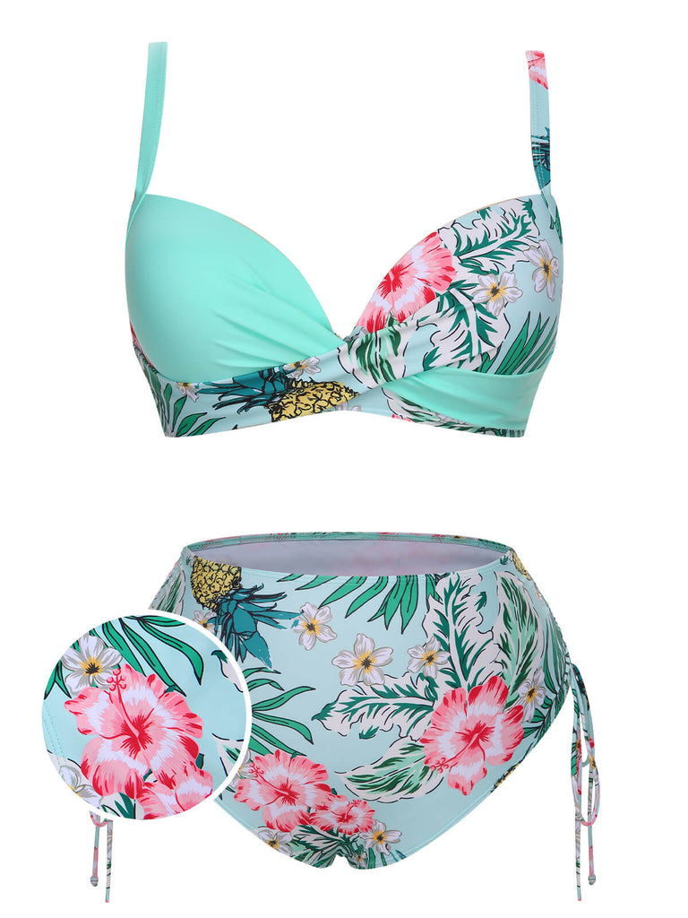 [Plus Size] 1940S Tropical Plant Patchwork Lace-Up Swimsuit