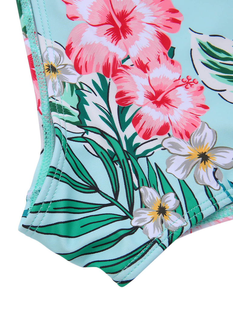 [Plus Size] 1940S Tropical Plant Patchwork Lace-Up Swimsuit