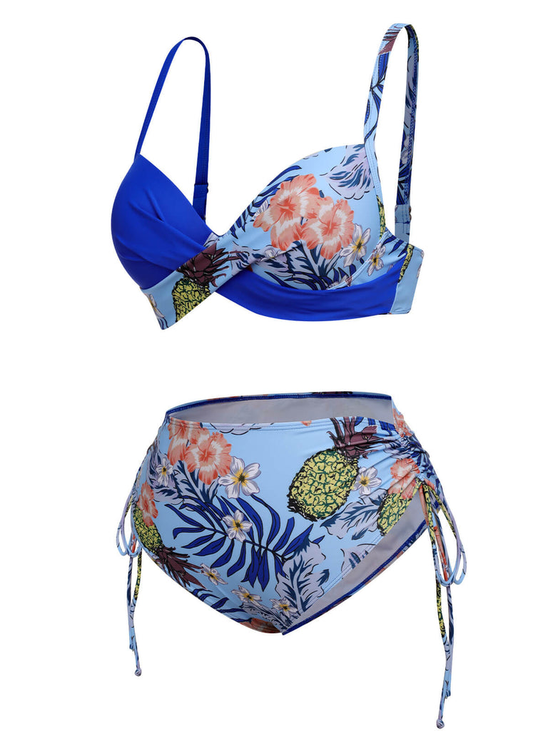 [Plus Size] 1940S Tropical Plant Patchwork Lace-Up Swimsuit
