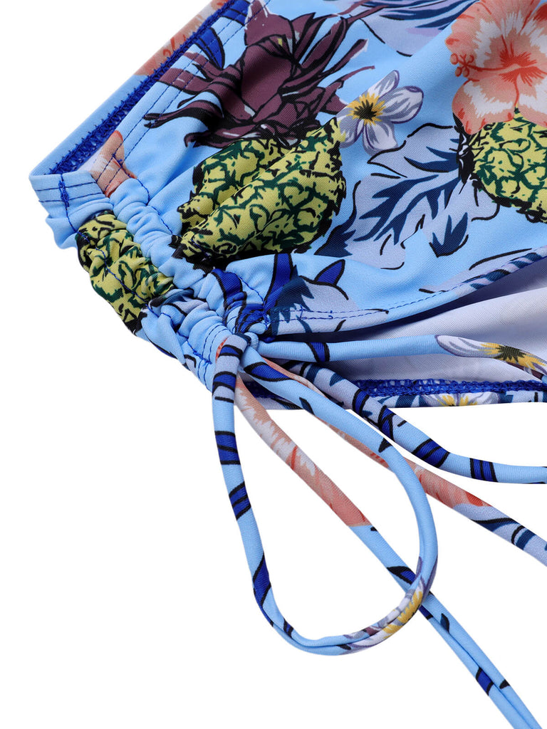 [Plus Size] 1940S Tropical Plant Patchwork Lace-Up Swimsuit