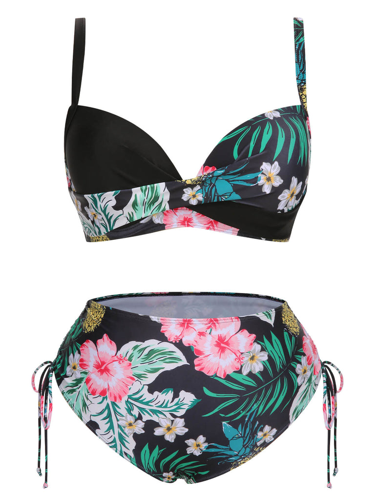 [Plus Size] 1940S Tropical Plant Patchwork Lace-Up Swimsuit
