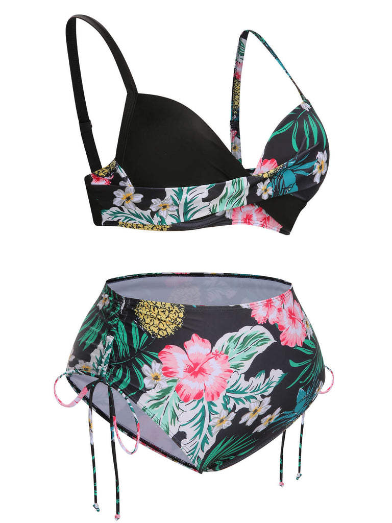 [Plus Size] 1940S Tropical Plant Patchwork Lace-Up Swimsuit