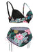 [Plus Size] 1940S Tropical Plant Patchwork Lace-Up Swimsuit