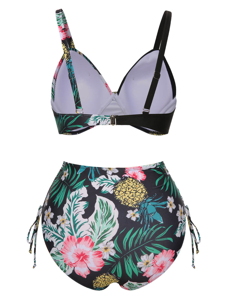 [Plus Size] 1940S Tropical Plant Patchwork Lace-Up Swimsuit