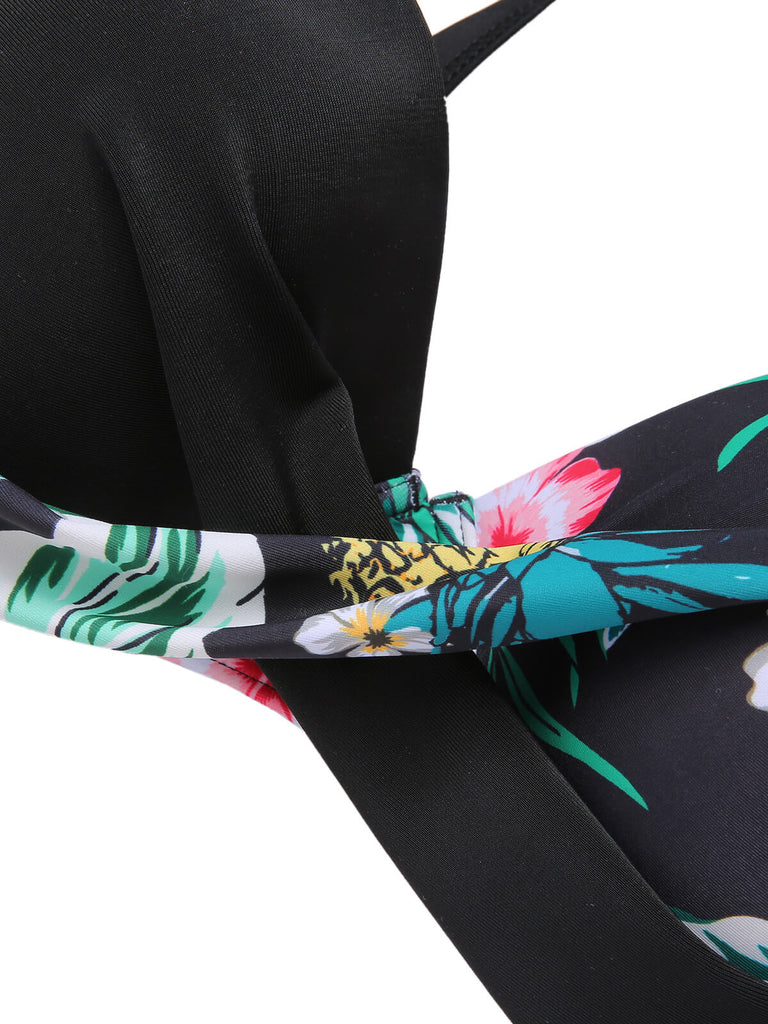 [Plus Size] 1940S Tropical Plant Patchwork Lace-Up Swimsuit