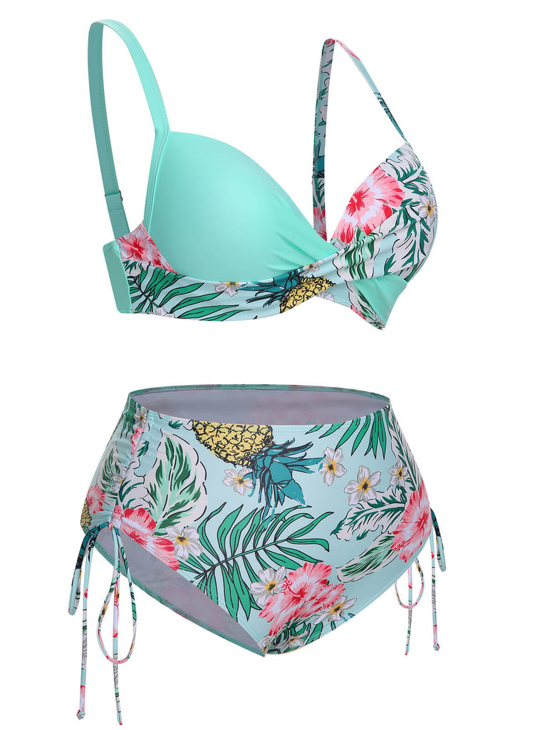 [Plus Size] 1940S Tropical Plant Patchwork Lace-Up Swimsuit
