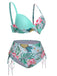 [Plus Size] 1940S Tropical Plant Patchwork Lace-Up Swimsuit