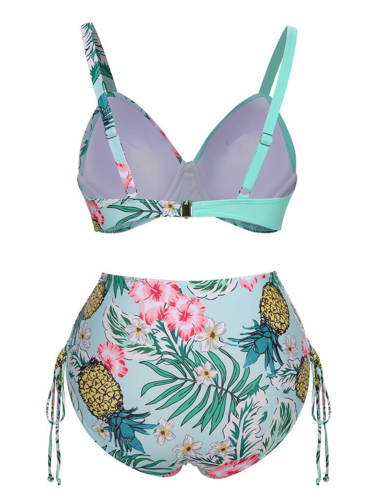 [Plus Size] 1940S Tropical Plant Patchwork Lace-Up Swimsuit