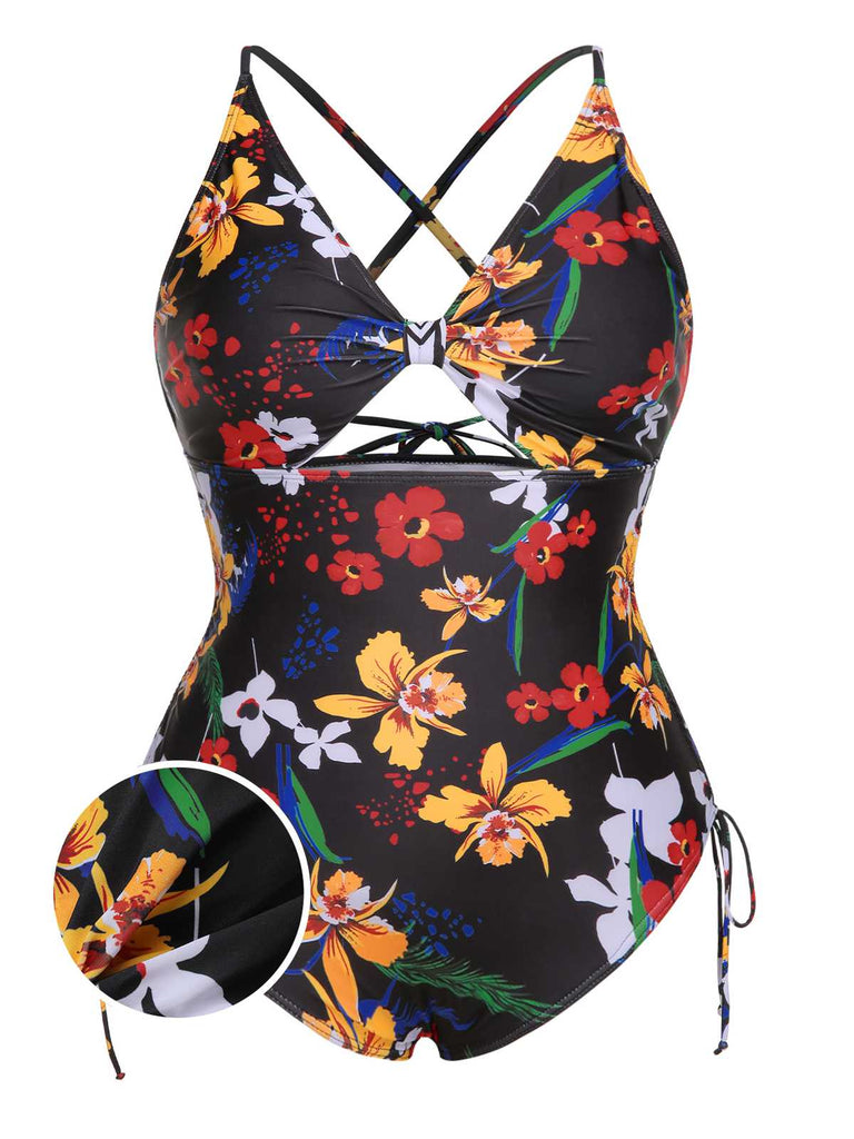 [Plus Size] Multicolor 1940s Print One-Piece Swimsuit