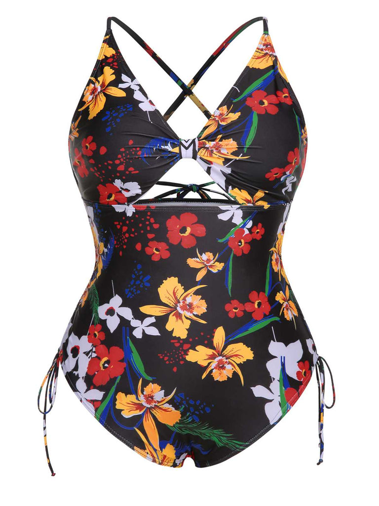 [Plus Size] Multicolor 1940s Print One-Piece Swimsuit