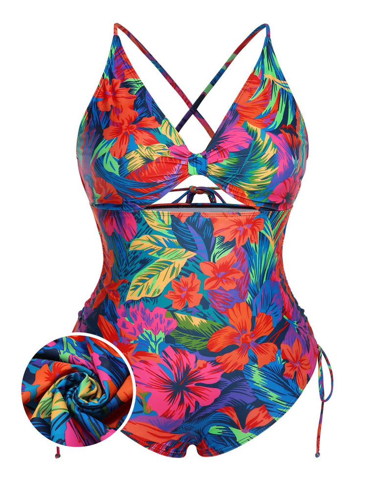 [Plus Size] Multicolor 1940s Print One-Piece Swimsuit