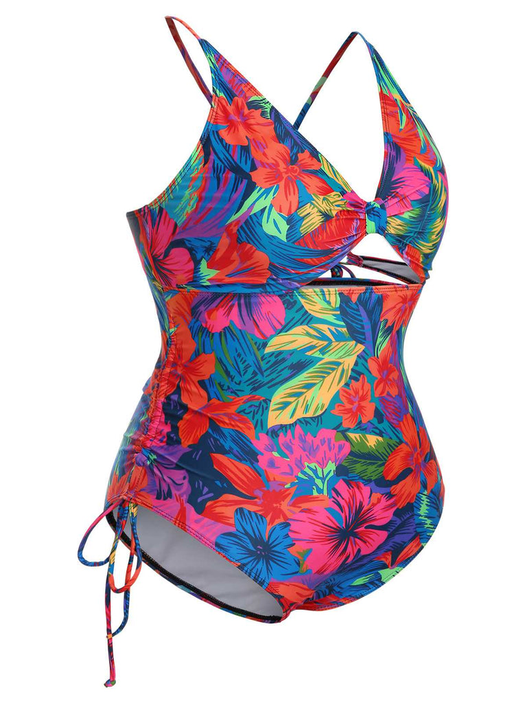 [Plus Size] Multicolor 1940s Print One-Piece Swimsuit