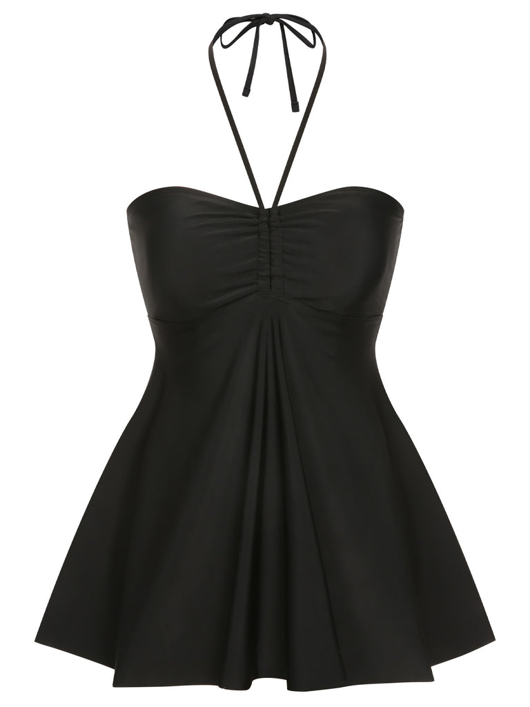 [Plus Size] Black 1940s Solid Bandeau Halter Skirt Swimsuit