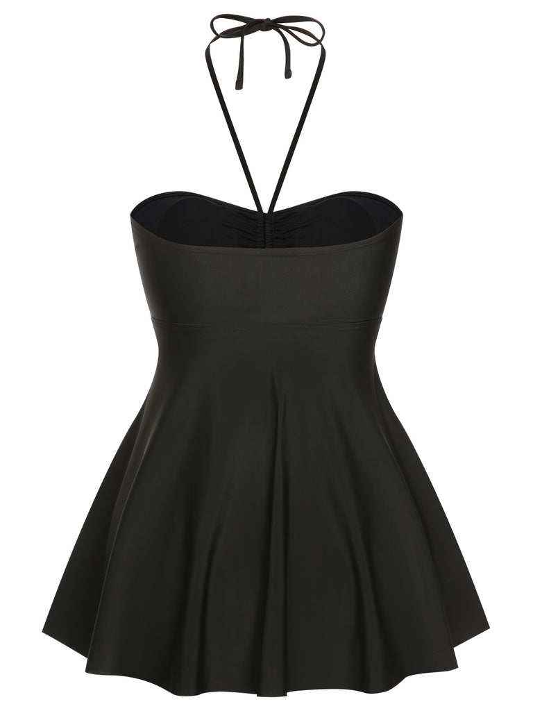 [Plus Size] Black 1940s Solid Bandeau Halter Skirt Swimsuit