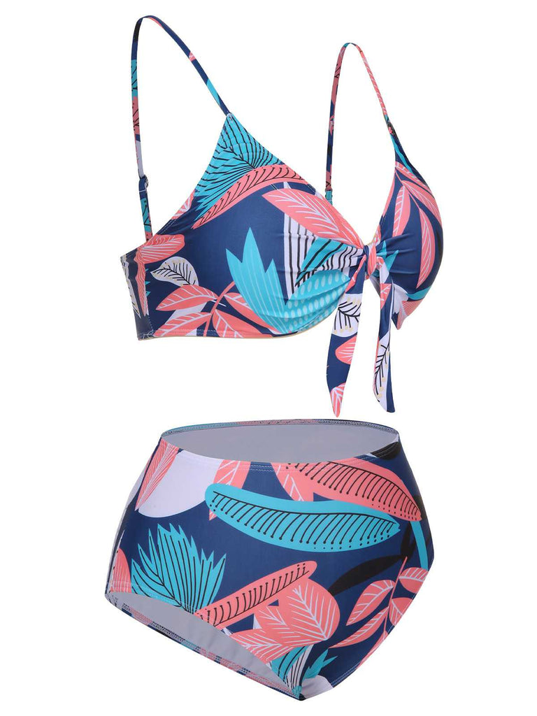 [Plus Size] 1940s Spaghetti Strap Print Swimsuit & Cover-Up