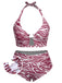 [Plus Size] 1940s Zebra Print Cutout Halter Swimsuit