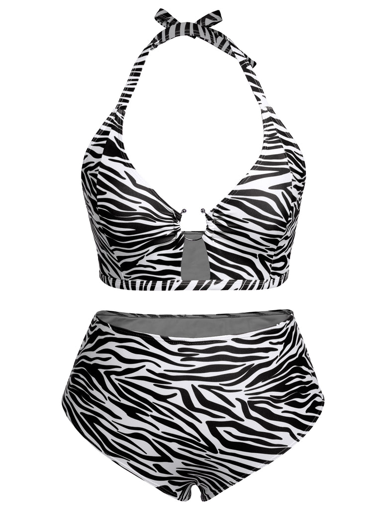 [Plus Size] 1940s Zebra Print Cutout Halter Swimsuit