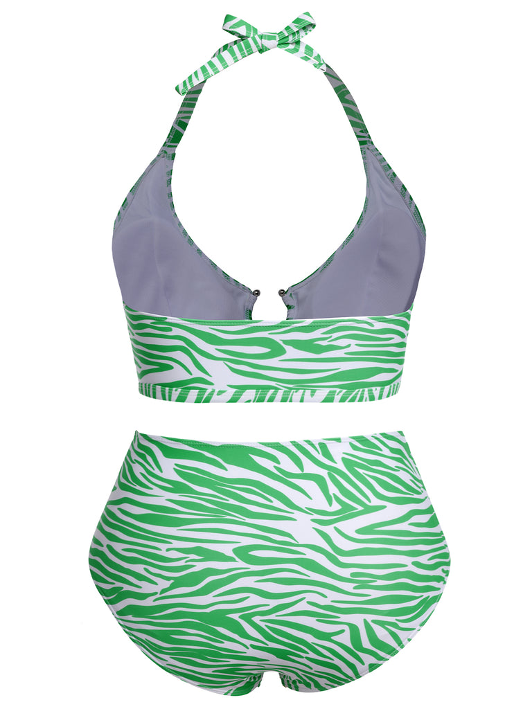 [Plus Size] 1940s Zebra Print Cutout Halter Swimsuit